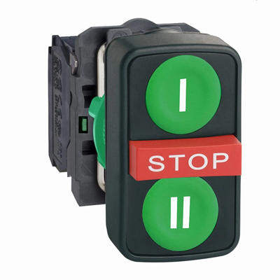 Harmony XB5 Triple bouton vert/STOP/vert sans rétroéclairage plastique I/STOP/II