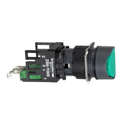 Harmony XB6 Kompletny przycisk Zielony Płaski 1 NO + 1 NC Złącze Faston 16mm Plastikowy