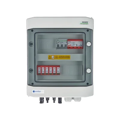 Hermetic DCAC connection board IP65 EMITER with DC surge arrester Dehn 1000V type 2 2 x PV string 2 x MPPT AC arrester Dehn type 1+2 10A 3-F