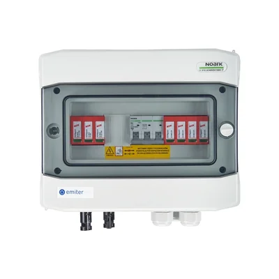 Hermetische DCAC-Anschlussplatine IP65 EMITER mit DC-Überspannungsableiter Dehn 1000V Typ 2 1 x PV-String 1 x MPPT AC-Ableiter Dehn Typ 2 10A 3-F