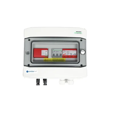 Hermetische DCAC-Anschlussplatine IP65 EMITER mit Überspannungsableiter DC Dehn 1000V Typ 1+2 1 x PV-String 1 x MPPT AC-Ableiter Dehn Typ 1+2 20A 3-F