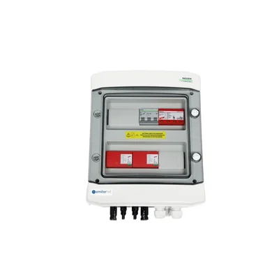 Hermetische DCAC-Anschlussplatine IP65 EMITER mit Überspannungsableiter DC Dehn 1000V Typ 1+2 2 x String PV 2 x MPPT-Ableiter AC Dehn Typ 1+2 20A 3-F