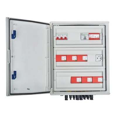 Hermetische DCAC-Anschlussplatine IP66 EMITER mit Überspannungsableiter DC Dehn 1000V Typ 1+2 6 x String PV 6 x MPPT-Ableiter AC Dehn Typ 1+2 100A 3-F FR 100A
