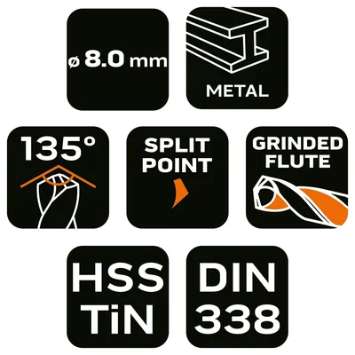 HSS-TiN metal drill bit, 8.0 mm