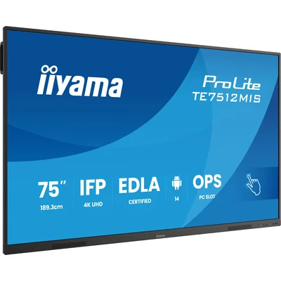 iiyama TE7512MIS-B4AG interactive monitor 75" VA DLED 4K 8/128GB iiware13e, Android14 EDLA, WiFi6, Lan, DMS, 24/7