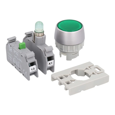 Illuminated yellow flush push-button, 1 NO contact, nickel-plated ring