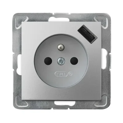 IMPRESJA Prise de terre simple avec obturateurs pour chemins de courant avec chargeur USB argent