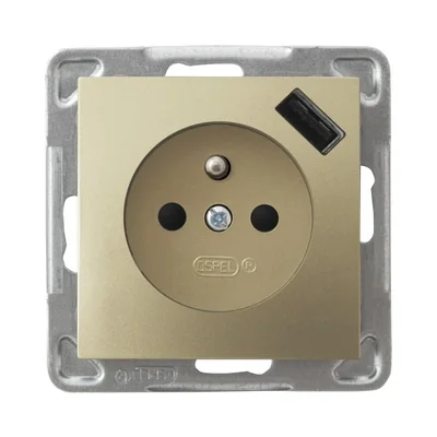 IMPRESJA Single socket outlet with earthing and shutters for current paths with USB charger golden metallic