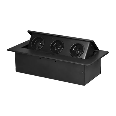 In die Arbeitsplatte eingelassene Möbelsteckdose mit flach gefräster Kante, 3x2P+Z, schwarz
