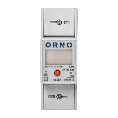 Indicateur de consommation électrique monophasé, 80 A, MID, indicateur supplémentaire, sortie impulsionnelle, bouton RESET, 2 modules, DIN TH-35 mm