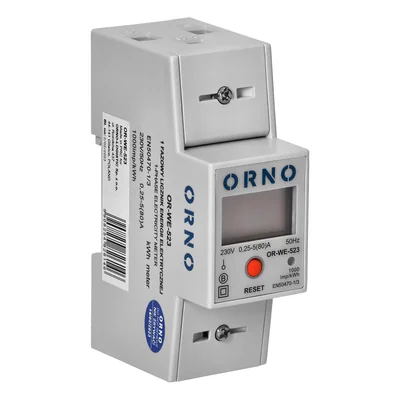 Indicateur de consommation électrique monophasé, 80 A, MID, indicateur supplémentaire, sortie impulsionnelle, bouton RESET, 2 modules, DIN TH-35 mm