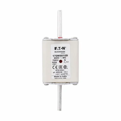 Insert de fusible à action rapide 170M5810D, 500 A, 690 V CA, DIN 2, aR, DIN, IEC, double indicateur, poignées non isolées