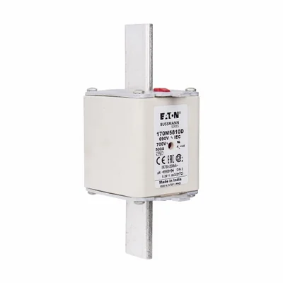 Insert de fusible à action rapide 170M5810D, 500 A, 690 V CA, DIN 2, aR, DIN, IEC, double indicateur, poignées non isolées