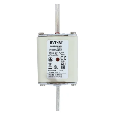Insert de fusible à action rapide 170M5810D, 500 A, 690 V CA, DIN 2, aR, DIN, IEC, double indicateur, poignées non isolées