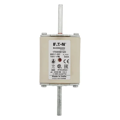 Insert de fusible à action rapide 170M5812D, 630 A, 690 V CA, DIN 2, aR, DIN, IEC, double indicateur, poignées non isolées