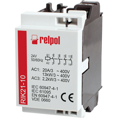 Installation contactor, 3-pole, 3 N/O (1-2, 3-4, 5-6) + auxiliary contact 1 N/O (13-14) RIK20-11-230