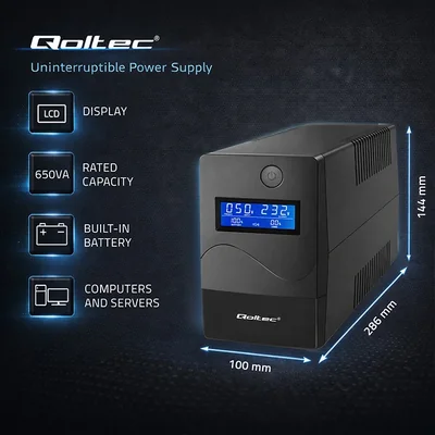 Interaktivní UPS Qoltec | Monolith | 650VA | 360W | LCD | USB | RJ45