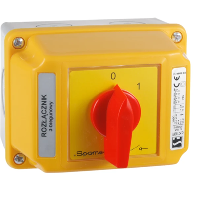 Interrupteur à came 25A, interrupteur 0-1 4 pôles, dans boîtier OB2 avec face de fermeture jaune/rouge