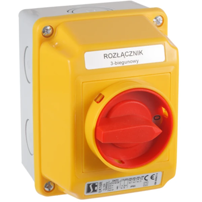 Interrupteur à came 25A, interrupteur 0-1 4 pôles, dans boîtier OB2 avec face de fermeture jaune/rouge