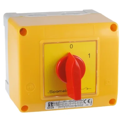 Interrupteur à came 32 A, sectionneur 0-1 (tripolaire), en boîtier OB14 avec façade verrouillable jaune/rouge