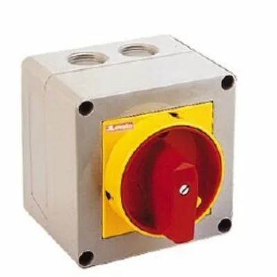 Interrupteur à cames série GX1692P25, sectionneur, 4 pôles, 16 A, boîtier 90 x 90 mm et bouton jaune/rouge