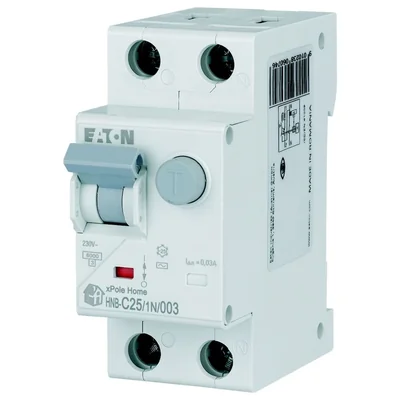 Interruptor automático combinado HNB-C25/1N/003, 6 kA, In=25 A, IΔN=0,03 A, característica C, tipo CA, 1+N polo. Serie HNB.