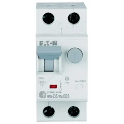 Interruptor automático combinado HNB-C6/1N/003, 6 kA, In=6 A, IΔN=0,03 A, característica C, tipo CA, 1+N polo. Serie HNB.