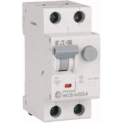 Interruptor automático combinado HNB-C6/1N/003-A, 6 kA, In=6 A, IΔN=0,03 A, característica C, tipo A, 1+N polo. Serie HNB.