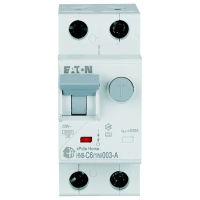 Interruptor automático combinado HNB-C6/1N/003-A, 6 kA, In=6 A, IΔN=0,03 A, característica C, tipo A, 1+N polo. Serie HNB.