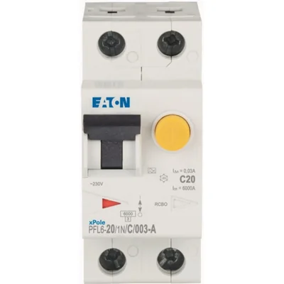 Interruptor automático combinado PFL6-20/1N/C/003-A, 6 kA, In=20 A, IΔN=0,03 A, característica C, tipo A, 1 polo + N. Serie PFL6