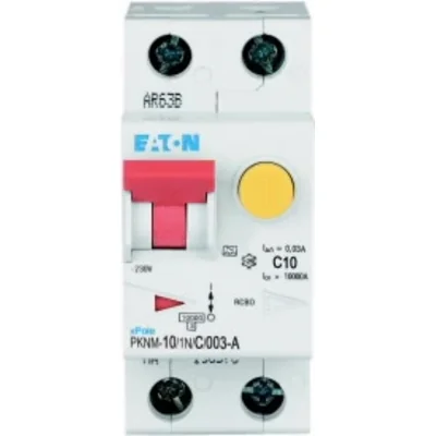 Interruptor automático combinado PKNM-10/1N/C/003-A-MW de 10 kA, In=10 A, IΔN=0,03 A, característica C, tipo A, 1 polo + N. Serie PKNM