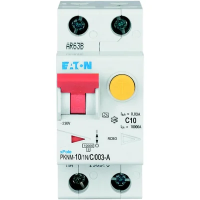 Interruptor automático combinado PKNM-10/1N/C/003-A-MW de 10 kA, In=10 A, IΔN=0,03 A, característica C, tipo A, 1 polo + N. Serie PKNM