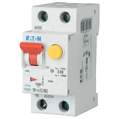 Interruptor automático combinado PKNM-10/1N/C/003-A-MW de 10 kA, In=10 A, IΔN=0,03 A, característica C, tipo A, 1 polo + N. Serie PKNM