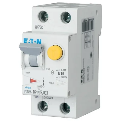 Interruptor automático combinado PKNM-16/1N/B/003-MW de 10 kA, In=16 A, IΔN=0,03 A, tipo B, CA, 1 polo + neutro. Serie PKNM