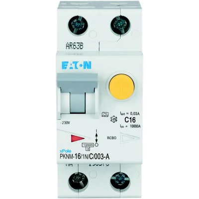 Interruptor automático combinado PKNM-16/1N/C/003-A-MW de 10 kA, In=16 A, IΔN=0,03 A, característica C, tipo A, 1 polo + N. Serie PKNM