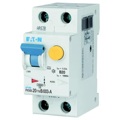 Interruptor automático combinado PKNM-20/1N/B/003-A-MW de 10 kA, In=20 A, IΔN=0,03 A, carácter B, tipo A, 1 polo + neutro. Serie PKNM