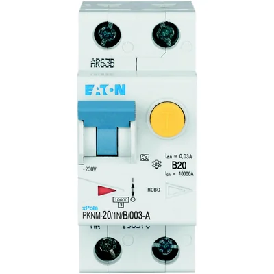 Interruptor automático combinado PKNM-20/1N/B/003-A-MW de 10 kA, In=20 A, IΔN=0,03 A, carácter B, tipo A, 1 polo + neutro. Serie PKNM