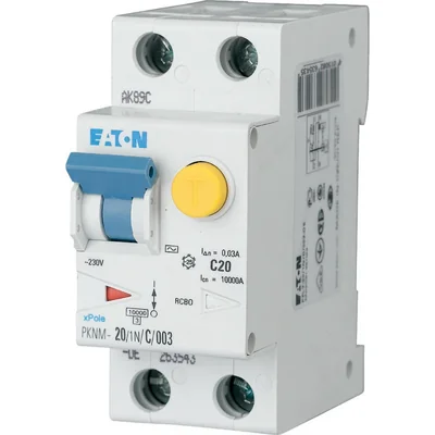 Interruptor automático combinado PKNM-20/1N/C/003-MW de 10 kA, In=20 A, IΔN=0,03 A, característica C, tipo CA, 1+N polo. Serie PKNM