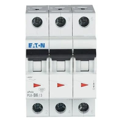 Interruptor automático de sobrecorriente PL6-B6/3 de 6 kA, In=6A, característica B, trifásico, serie PL6