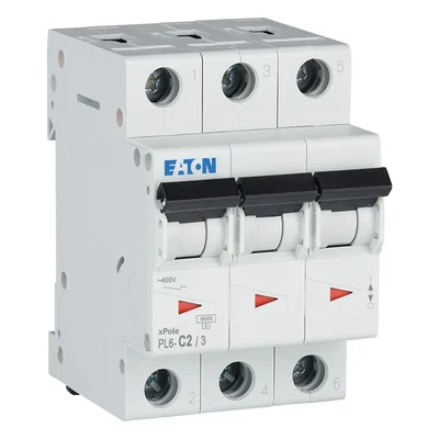 Interruptor automático de sobrecorriente PL6-C2/3 de 6 kA, In=2 A, característica C, trifásico, serie PL6