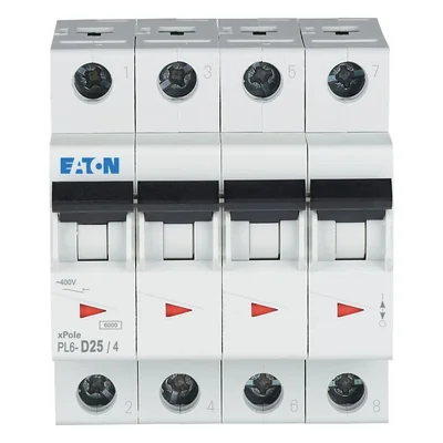 Interruptor automático de sobrecorriente PL6-D25/4, 6 kA, In=25 A, característica D, 4 polos, serie PL6