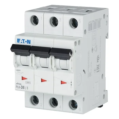 Interruptor automático de sobrecorriente PL6-D6/3 de 6 kA, In=6A, característica D, trifásico, serie PL6