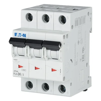 Interruptor automático de sobrecorriente PL6-D6/3 de 6 kA, In=6A, característica D, trifásico, serie PL6