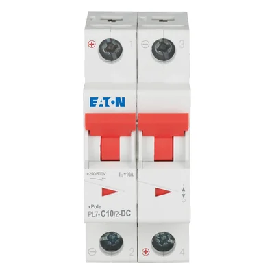 Interruptor automático PL7-C10/2-DC de 10 kA, In= 10 A, característica C, bipolar. Serie PL7-DC