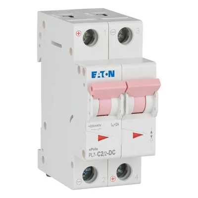 Interruptor automático PL7-C2/2-DC de 10 kA, In=2 A, tipo C, bipolar. Serie PL7-DC