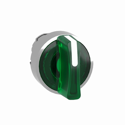 Interruptor de 3 posiciones, verde, metal, LED, típico