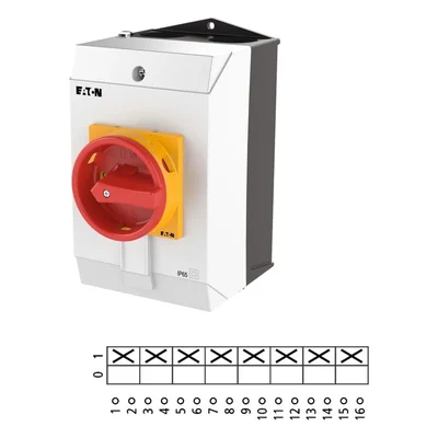 Interruptor de encendido/apagado T3-4-8344/I2/SVB, 8 polos, 32 A, 90°, en carcasa IP65, pomo rojo-amarillo con candado.