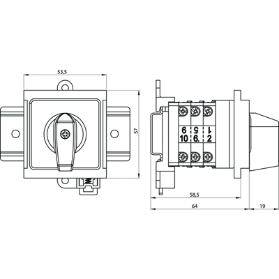Interruptor de leva 20A, seccionador tripolar 1-0-2, para instalación modular
