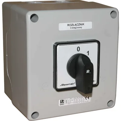 Interruptor de leva 63A, seccionador 0-1 (4 polos), en carcasa OB16 con frontal bloqueable amarillo/rojo.
