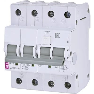Interruptor diferencial KZS-4M 3p+N A B32/0.1 con protección contra sobrecorriente